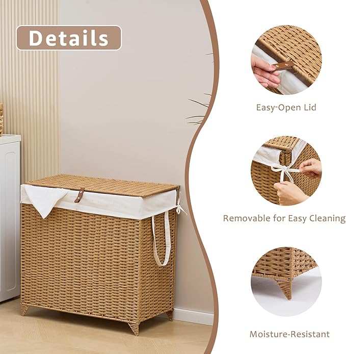 Laundry Hamper with Lid and Removable Liner Bag, Handwoven Rattan Clothes Hamper with Heightened Feet, Wicker Laundry Basket for Clothes and Towels,Large, 2-sections