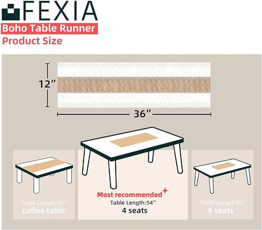 FEXIA Boho Table Runner for Home Coffee Decor 36 Inches Long Farmhouse Rustic Table Runner Macrame Burlap Centerpieces for Tables Decoration for Kitchen Bedroom Decor Bridal Shower (12x36 Inches)
