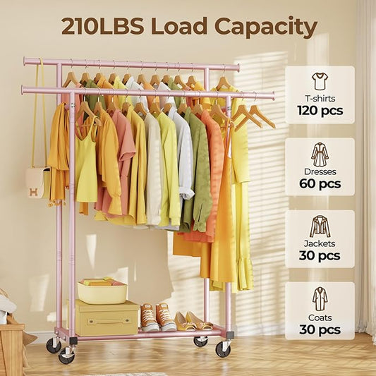 HYSEYY Double Rods Clothes Rack, Sturdy Rolling Clothing Rack, Portable Clothing Racks for Hanging Clothes - Metal Garment Rack Wardrobe Coat Rack for Bedroom Laundry Living Room, Pink