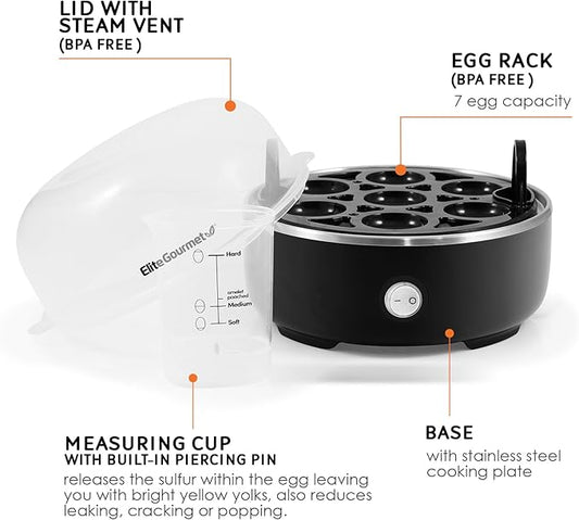 Elite Gourmet EGC115B Easy Egg Cooker Electric 7-Egg Capacity, Soft, Medium, Hard-Boiled Egg Cooker with Auto Shut-Off, Measuring Cup Included, BPA Free, Classic Black