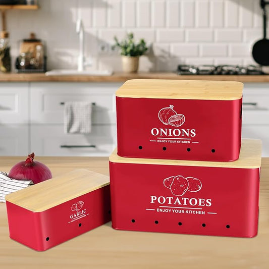 Kitchen Vegetable Storage Set of 3, Metal Onion Garlic Potato Storage Set, Kitchen Canisters Vegetable Keeper Containers with Aerating Holes and Bamboo Lid,Red