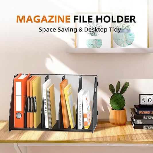 SUPEASY Binder Organizer, Magazine File Holder with 5 Vertical Compartments Rack, Metal Desk File Organizer & Binder Holders, Magazine Organizers for Office Desktop, Home, School, Classroom (Black)