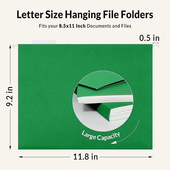 SUNEE Hanging File Folders, 25 Pack Letter Size Hanging File Folders with 1/5-Cut Tabs, Ideal for Home and Office Organization and Papers Classification,Light Green