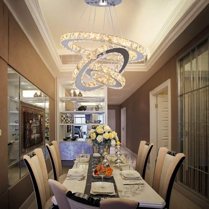 Modern LED Crystal Chandeliers 3 Ring Round Pendant Lighting Fixtures DIY Stainless Steel Ceiling Lamp Hanging Lights for Living Room Dining Room Bedroom Kitchen (Warm Light)