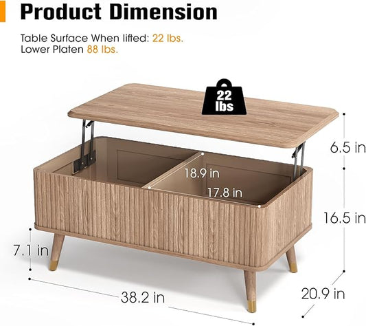Lift Top Coffee Table with Storage, Mid Century Modern Coffee Table with Solid Wood Legs, 38" Minimalist Fluted Center Table for Living Room, Home Office, Natural Oak