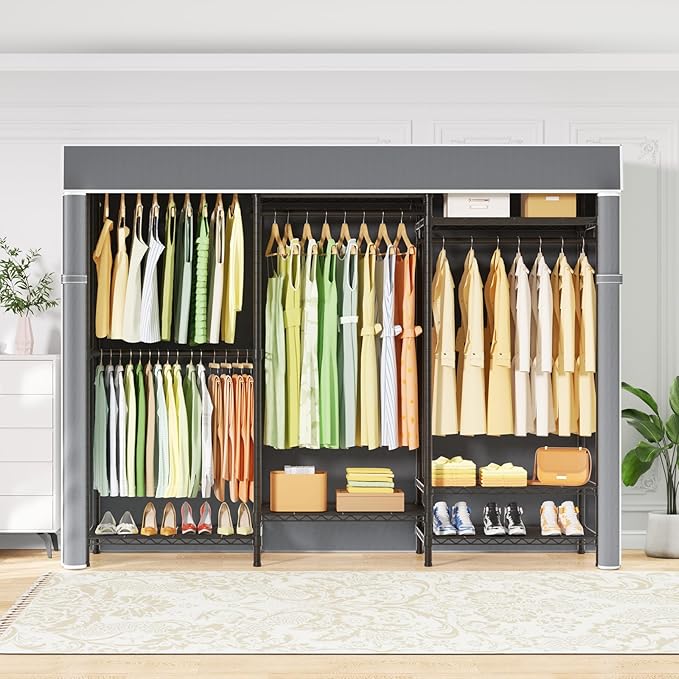 Ulif E13C Heavy Duty Closet Organizer System,Freestanding Clothing Racks for Hanging Clothes,Adjustable Garment Rack 63" W x 16" D x 77" H Hold 960 lbs,Black Clothing Rack with Grey Dustproof Cover