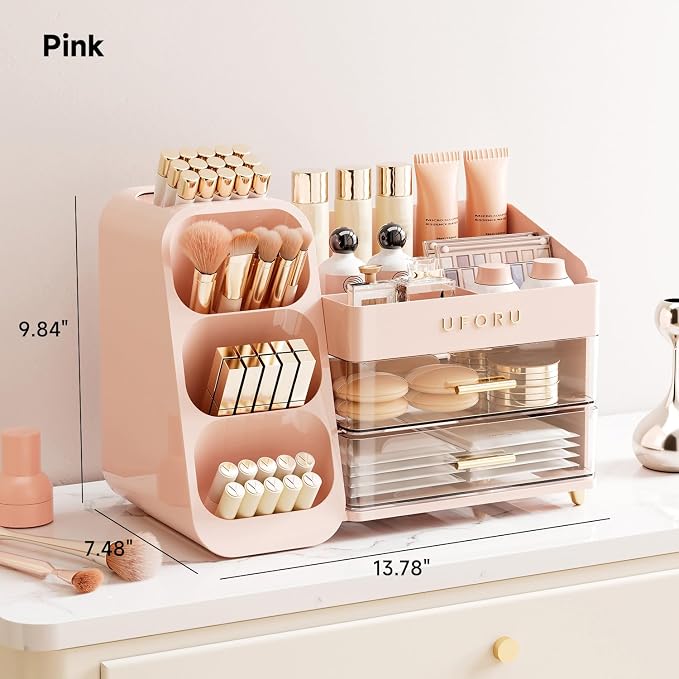 UFORU Makeup Organizer for Vanity with Brush Holder, Large Capacity Bathroom Countertop Skincare Organizer with 2 Drawers, Cosmetic Display Case for Perfumes, Eyeshadow Palettes, Nail Polishes