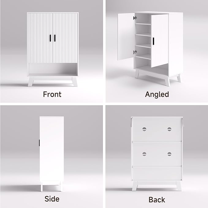 4-Tier Fluted Shoe Cabinet with 2 Doors & Open Shelf, Mid Century Modern Shoe Storage Organizer with Adjustable Shelves, Metal Handles & Wood Legs, Hidden Shoe Rack for Entryway, Hallway