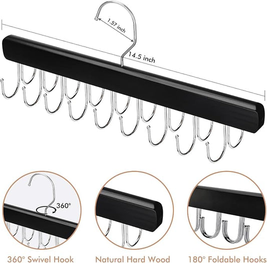 NECAMOCU 2 Pack Bra Hanger for Closet Organizer, Premium Wooden Tank Top Hangers with 36 Foldable Hooks, 360° Rotating Design, Space Saving Storage for Tank Tops, Bras, Scarves and More, Black
