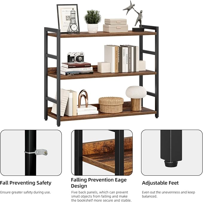 NUMENN Wide Bookshelf, 3 Tier Bookshelves, Home Office Bookcase Shelf Storage Organizer, Free Standing Storage Shelving Unit for Bedroom, Living Room and Home Office, Vintage
