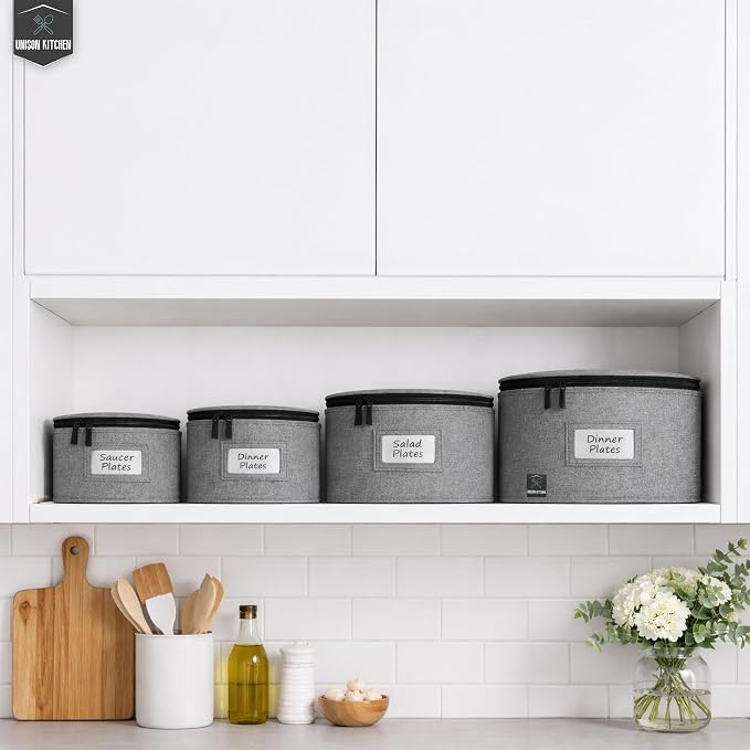 4-Piece Dish Storage Container Set – Hard Shell Dinnerware Organizer with Dividers for Plates, Stackable, and Ideal for Fine China Storage, Kitchen Organization & Moving Supplies – Grey