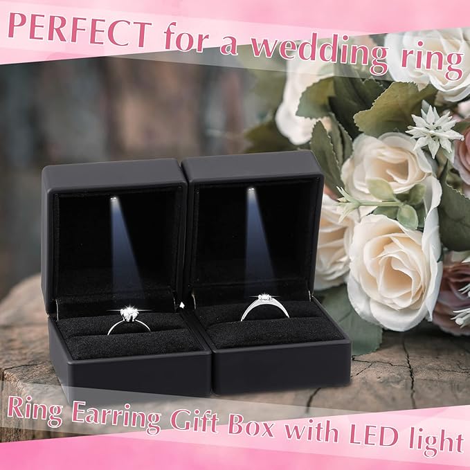 Yinkin 12 Pcs Black Velvet Jewelry Boxes LED Light Display Ring Necklace Bracelet Chain Gift Box Bulk Wedding Proposal Anniversary(Ring Box,Square)