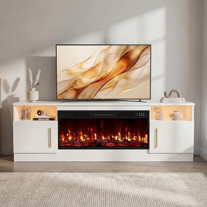 LEMBERI 70" Fireplace TV Stand for TVs up to 80", 36" Electric Fireplace 750W/1500W Entertainment Center with 20-Color LED, 300lbs Max Capacity High Gloss Storage Cabinet Console, White