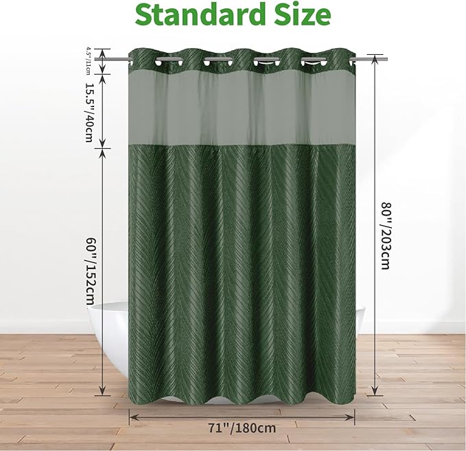 No Hook Shower Curtain and Liner Set,No Hook Tufted Striped Textured Shower Curtain with Snap in Liner Replacement and Waterproof Fabric,Boho Style with See Through Top Window,DarkGreen,71Wx80H