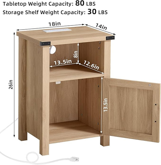 Boho Fluted Nightstand for Bedroom, 18" Rustic Night Stand with Charging Station & USB Port, Modern Accent Bedside Tables with Open Storage Shelf & Door, Wood End Table for Home, Natural Oak