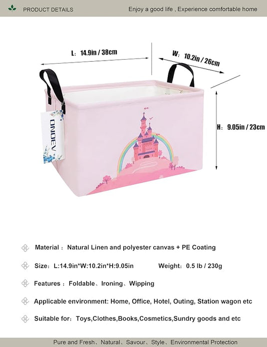 Rectangular Pink Princess Castle Storage Bin, Decorative Canvas Laundry Basket with Dual Handles, Foldable Household Organizer for Girls Bedroom Dorm