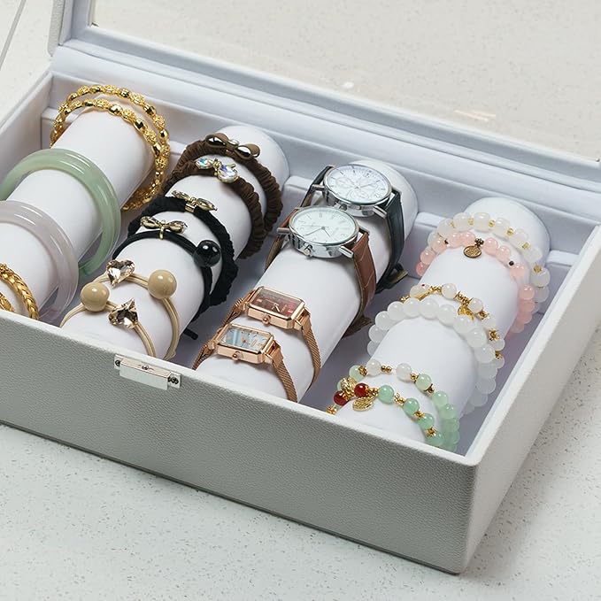 Bracelets Organizer Rods Bangles Display Holder, Clear See through Lid Leather Velvet Jewelry Storage Box Case for Women, 4 Rods White Leather