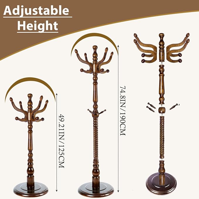 Solid Wooden Coat Rack Stand, Coat Racks Freestanding with 14 Hooks, Natural Birch Wood Coat stands with Sturdy Round Base, Tree Coat Hanger Standing for Entryway Bedroom Office (Walnut disc)