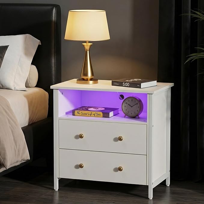 27 Inch Wide Night Stand, Large Wood Night Stand with 2 Drawers, LED Nightstand with Charging Station and Adjustable Drawer, Bedside Table for Living Room/Bedroom/Study/Office, White.
