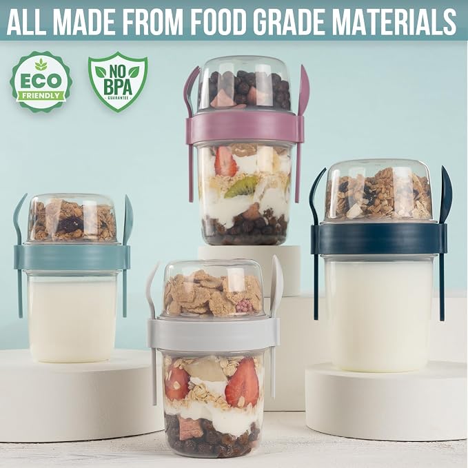 4-Pack Reusable Yogurt Parfait Cups with Lids & Built-In Spoon & Fork – BPA-Free Dual-Compartment Containers for Breakfast, Oatmeal, Granola, Gym, Travel – Leakproof & Dishwasher Safe – (22 oz-650 ml)