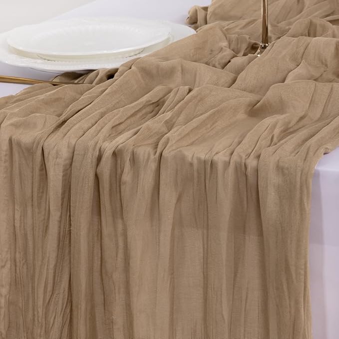 Socomi 3pcs Nude Brown Cheesecloth Table Runner Valentine's Day Boho Rustic Gauze 120 inch 10FT Cheese Cloth Runner for Wedding Party Baby Shower Birthday Home Decor Holiday Decorations