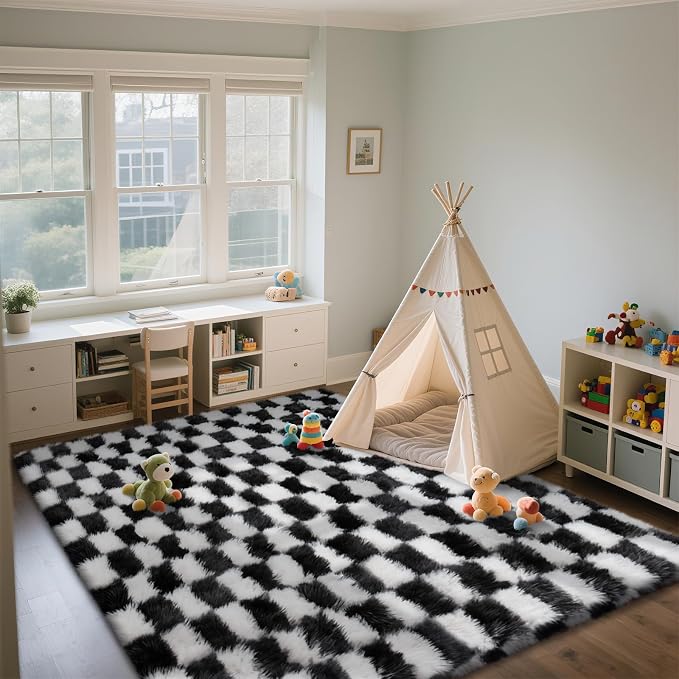 Checkered Area Rugs for Bedroom Living Room,6x9 Black and White Fluffy Soft Checkered Rug Fuzzy Shag Shaggy Carpet, Indoor Plush Floor Rugs for Teen Dorm Home Decor