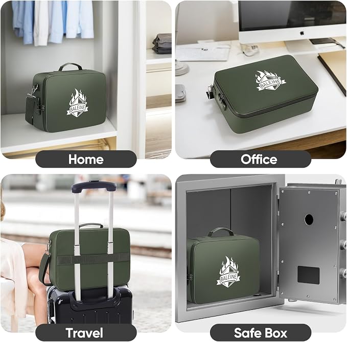 BALEINE Fireproof Document Box with Lock, Portable Fireproof Document Bag Waterproof Fire Proof File Boxes for Documents, File Organizer Box for Important Paperwork (Green, 15''x11''x4'')