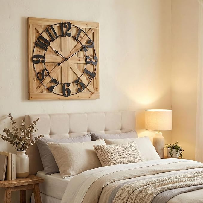 EMAX HOME Large Farmhouse Wall Clock – 24 Inch Brown Square Rustic Wooden Clock with Decorative Reversible Wooden Sign, Perfect for Any Space and Ideal Gift