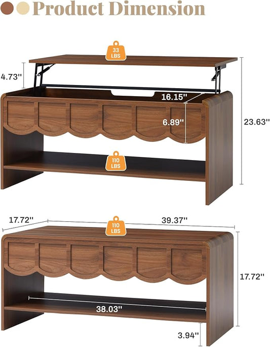 Lift Top Coffee Table with Hidden Compartment, 2 Tier Wooden Center Table with Wave Panel, Modern Lift Tabletop for Home Living Room Office, Walnut