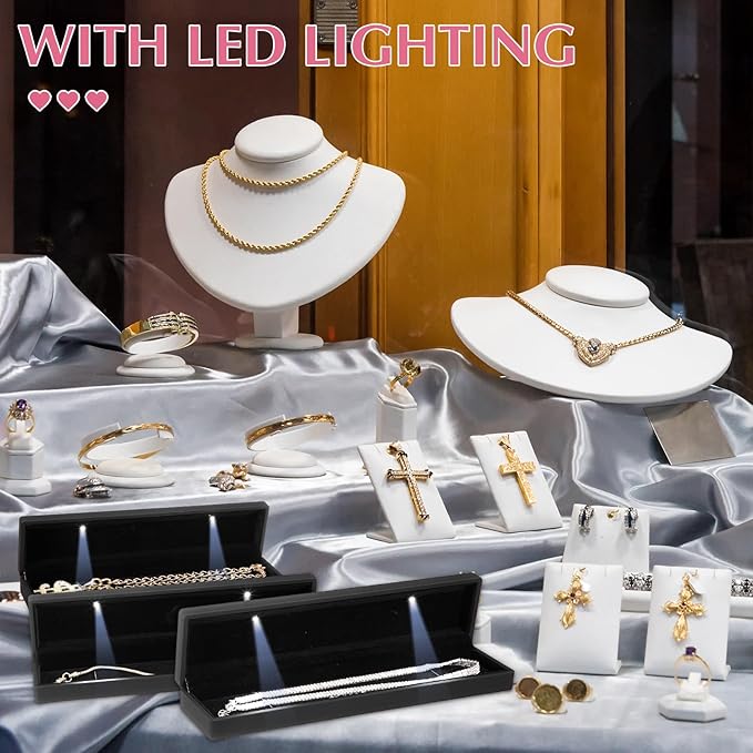 Yinkin 12 Pcs Black Velvet Jewelry Boxes LED Light Display Ring Necklace Bracelet Chain Gift Box Bulk Wedding Proposal Anniversary (Long Chain Box,Rectangular)