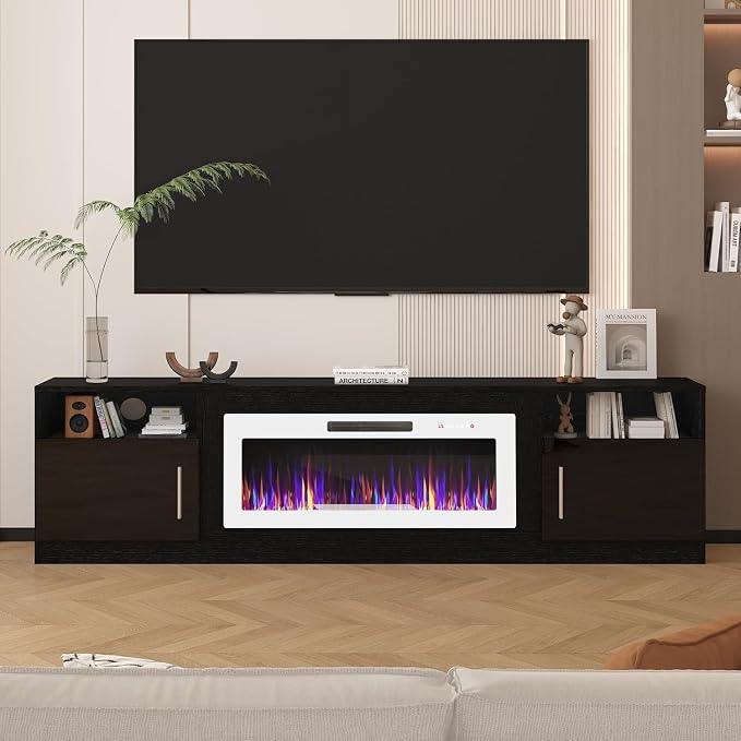 LEMBERI 80 Inch Fireplace TV Stand for TVs up to 90", 36" White Electric Fireplace Entertainment Center with 20-Color LED, 300lbs Max Capacity Modern Wood Media Console Cabinet, Black