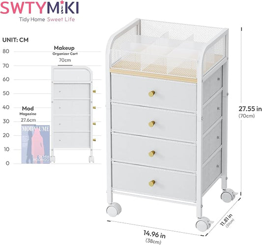 SWTYMIKI Rolling Makeup Organizer Cart - 14.96″*11.81″*27.55″ Widened Under Desk Vanity Storage with 4 Non-woven Drawers, Cosmetic Display Cases for Skin Care Perfume Nail Polish Brush Hair Tool White