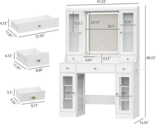 White Vanity Desk with Mirror and Lights, Makeup Vanity Table with Lighted Mirror, 5 Drawers & RGB Cabinet, Dressing Table Set with Charging Station for Girls Bedroom, 3 Lighting Modes