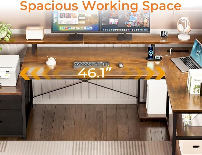 ODK 75" L Shaped Desk with File Drawers, Work from Home Office Desk with Power Outlet, Reversible Computer Desk with Storage Shelves, Gaming Desk with Monitor Shelf, Corner WFM Table, Vintage