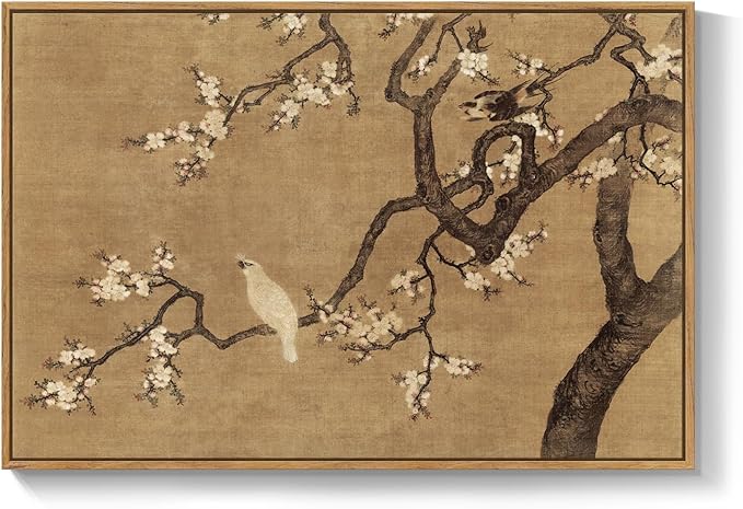Framed Vintage Floral Bird Zen Wall Art, Neutral Asian Plum Blossom Branch Flower Birds Canvas, Minimalist Classic Oriental Calming Painting Prints for Living Room Bedroom Chinese Wall Decor, 36x24