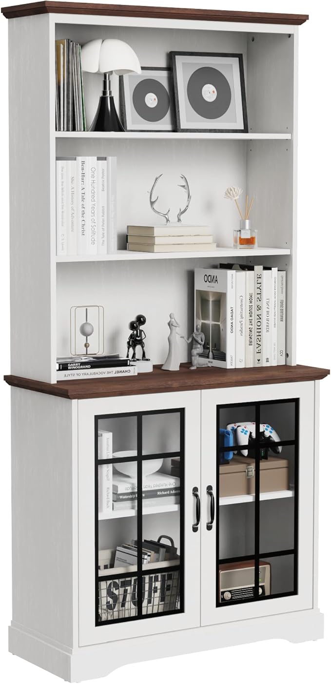 blini White Bookshelf with Glass Door, 5-Shelf Tall Bookcase, 15" Multi Depth Storage Cabinet with Adjustable Shelves, Large Bookcases for Home Office, Living Room & Bedroom