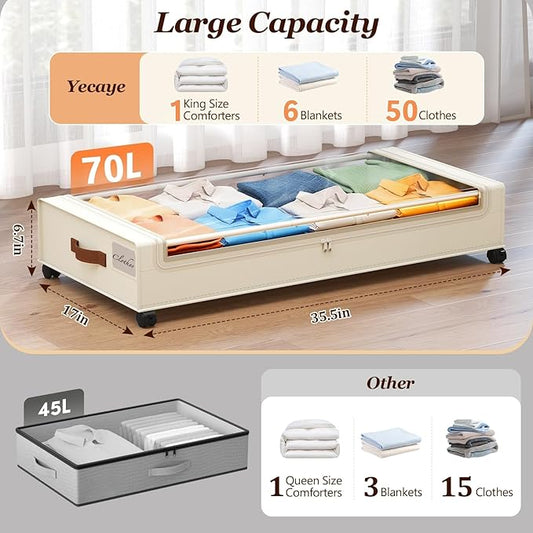 Yecaye Under Bed Storage with Wheels 2 Pack, 70L Larger Capacity Under Bed Storage Containers, Underbed Shoe Storage Organizer, Rolling Under Bed Metal Drawers for Clothes, Blankets(35.5 x 17 x 6.7in)