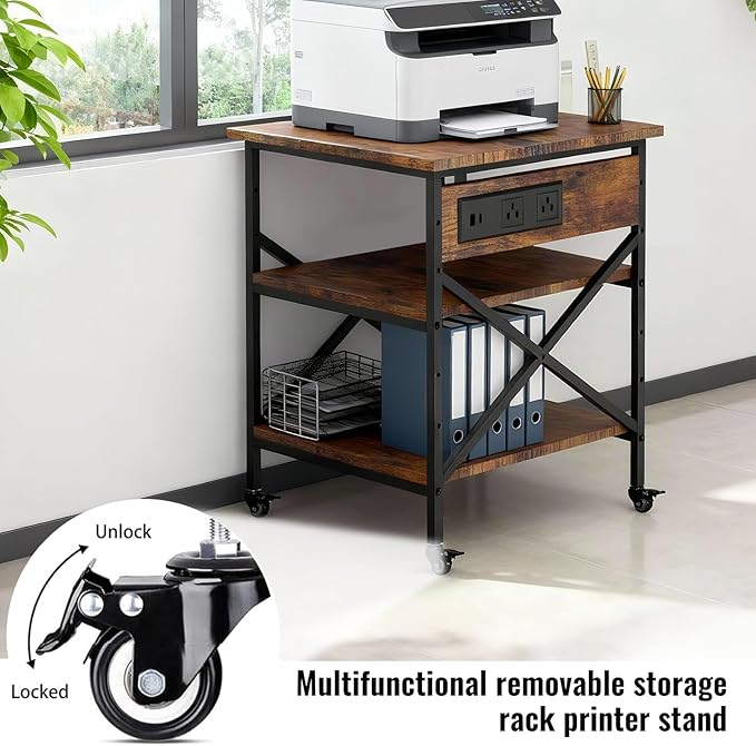 TUMAN Pro Large Printer Stand with Power Outlet 3 Tier Adjustable Shelves Mobile Cart with Industrial Casters 23.6 x 23.6 x 30 Inches for Home Office Rustic Brown