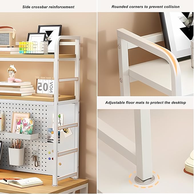 FPIGSHS Desk Hutch Shelf Dorm 2 Tier Countertop Desktop Bookshelf with Pegboard,Metal/MDF Desk Top Bookcase for Computer Desk, Desk Storage Organizer Rack for Office Home Dormitory (Black, 43.3in)
