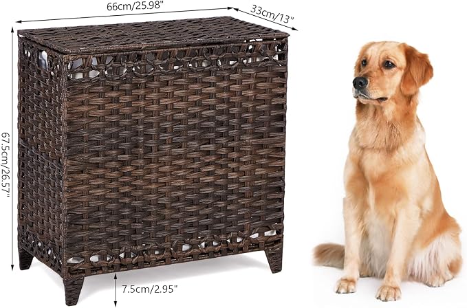 Laundry Hamper with 3 Removable Liner Bags; 132L Handwoven Rattan Laundry Basket with Lid & Heightened Feet; Clothes Hamper with Side Handles; Laundry Sorter with 3 Separate Sections