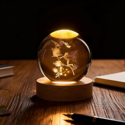 3D Fairy Flowers Crystal Ball, 3D Laser Engraved Rose Butterfly Night Light, Decorative Crystal Sphere, Decorative Light Ideas Gifts for Mom Wife Couple Girls Women Fairy Lovers Novelty Home Decor