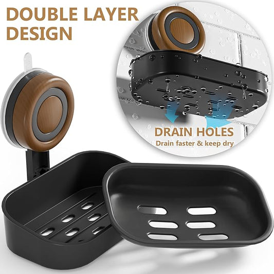 Double Layer Soap Dish for Shower 2 Pack, Wall Mounted Bar Soap Holder Suction Cup 2 Layer Self Draining Soap Case Sponge Holder for Shower Bathroom, Tub and Kitchen Sink, Black