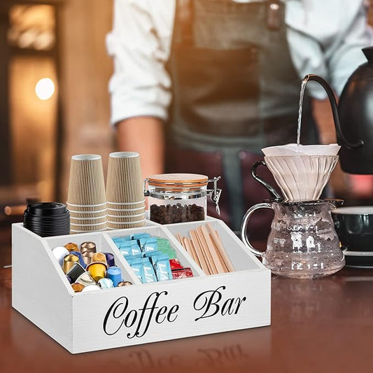 ugiftt Coffee Station Organizer for Counter, Wood Coffee Pods Holder Storage Basket, Tea Condiment Storage Organizer, Rustic Wood Bar Decor for Accessories