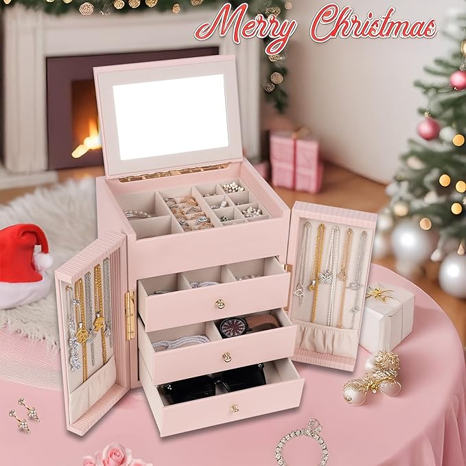 Dajasan Jewelry Box for Girls Women, 4-Tier Large Jewelry Organizer Box, Jewelry Storage Organizer, Jewelry Gift Box for Christmas, Valentine's Day, Birthday, Mother's Day (Pink)