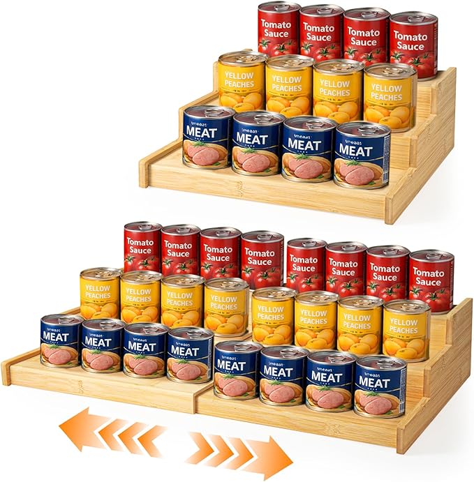 3-Tier Expandable Bamboo Mug Holder Shelf Rack For Countertop Coffee Cup Holder Display, Pantry Can Organizer for Cabinet, Coffee Bar Organizer for Kitchen