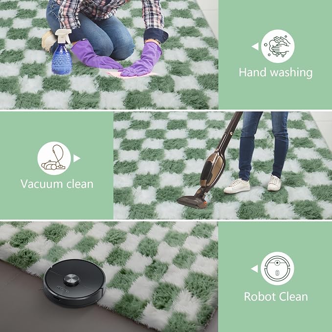 Area Rugs for Bedroom Living Room,5x8 Green and White Fluffy Soft Checkered Rug Fuzzy Shag Shaggy Carpet,Indoor Plush Floor Rugs for Teen Dorm Home Decor