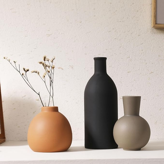 Ceramic Vase Set of 3 - Handcrafted Ceramic Vases for Home Decor & Shelf - Modern Farmhouse Decor for Kitchen, Office, Bedroom & Living Room Decorative Objects for Mantel, Table Centerpieces