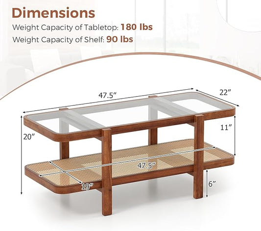 Giantex Rattan Coffee Table, 47.5" Rectangle Solid Wood Tea Table w/Tempered Glass Tabletop, Rattan Storage Shelf, 2-Tier Boho Coffee Tables, Farmhouse Center Table for Living Room (Brown)