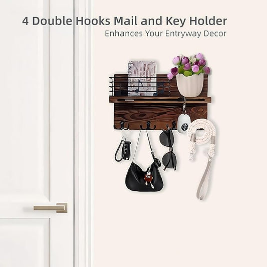 Key Holder Wall Mount, Keys Holder on Wall with Shelf, Key and Mail Holder for Wall with 4 Double Hooks for Dog Leash, Sunglasses, Bags - Musical Note Design Entryway Hanger