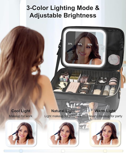 Relavel Makeup Train Case With LED Mirror, Professional Travel Cosmetic Bag with Removable Partitions,Compact Makeup Organizer, Waterproof Toiletry Case for Women, Black